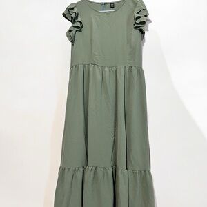 SHEIN VCAY Large Butterfly Sleeve Ruffle Hem Dress in Army Green